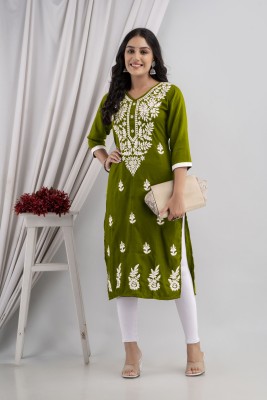 Ratnavali Women Chikan Embroidery Straight Kurta(Green, White)