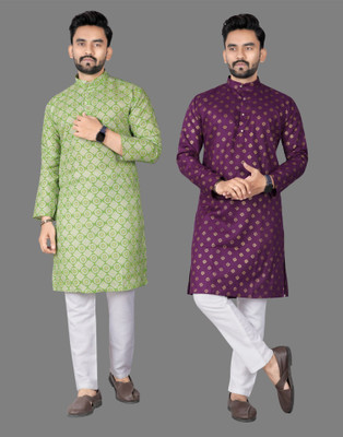 DHASU TRENDZ Men Printed Straight Kurta(Light Green, Purple)