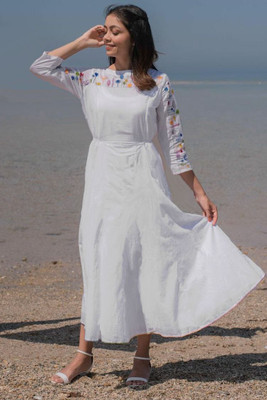 Pal Enterprise Women Embroidered A-line Kurta(White)