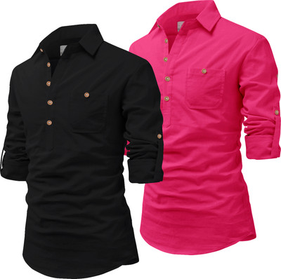 Univibe Men Solid Pathani Kurta(Pink, Black)