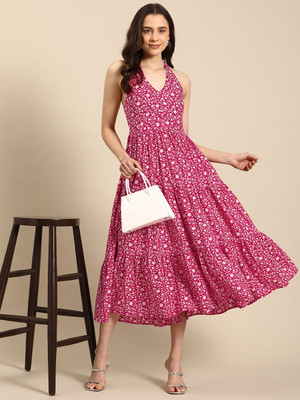 Jollity Women Fit and Flare Maroon Midi/Calf Length Dress