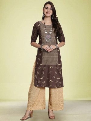 Moda Rapido Women Floral Print Straight Kurta(Brown)