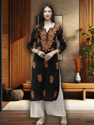 ADA Women Embroidered Straight Kurta(Black)