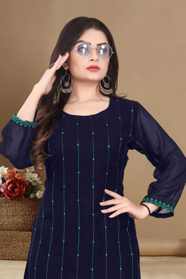 VALARIS Women Printed A-line Kurta(Dark Blue)
