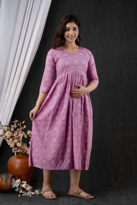 HYTEN Women Printed Gown Kurta(Purple, White)