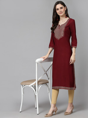his&her Women Embroidered Straight Kurta(Maroon)
