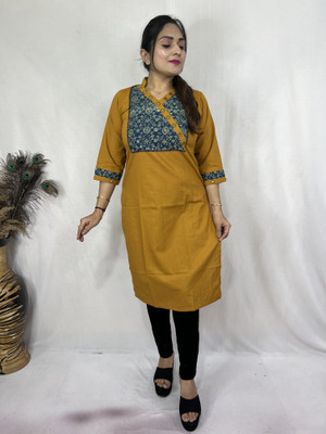 Lefri Handicraft Women Geometric Print Straight Kurta(Yellow)