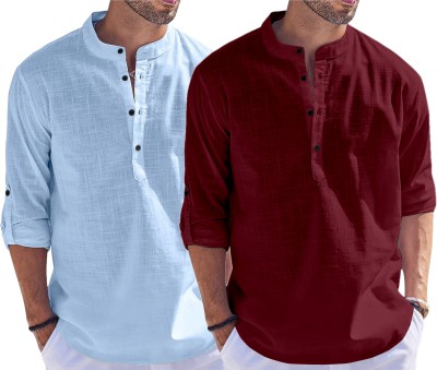 FOLGEN Men Solid Straight Kurta(Light Blue, Maroon)