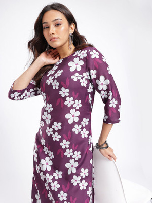 Anouk Rustic Women Floral Print Straight Kurta(Purple, White)