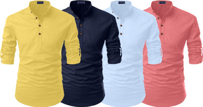 Fifth U Men Solid Straight Kurta(Yellow, Dark Blue, Light Blue, Pink)