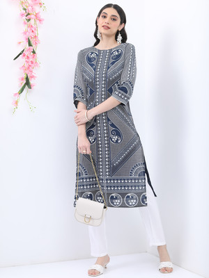 Vishudh Women Printed Straight Kurta(Dark Blue, Grey, White)