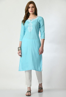 Rudraaksha Chikankari Women Embroidered Straight Kurta(Light Blue)