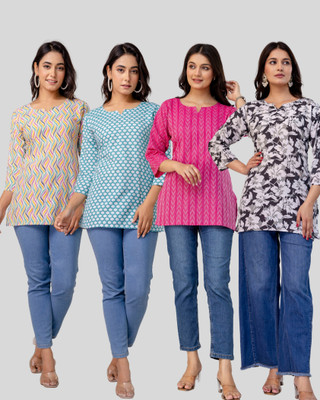 Dangra Women Printed, Floral Print, Geometric Print Tunic Kurta(Multicolor, Pink, Light Blue)