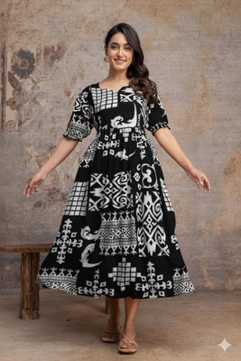 sanjya Women Printed Anarkali Kurta(Black)