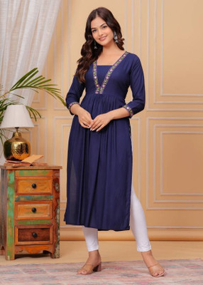 Tropwear Women Embroidered A-line Kurta(Blue)