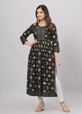 Angira Jaipur Women Printed Straight Kurta(Black, Gold, Light Green)