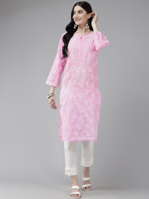 ADA Women Chikan Embroidery, Embroidered Straight Kurta(Pink)