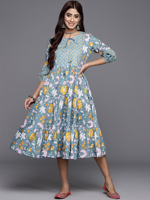 LIBAS Women Floral Print Anarkali Kurta(Blue)