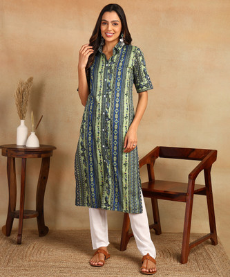 mokshi Women Printed Frontslit Kurta(Green)