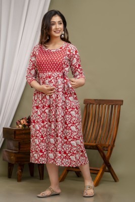 Akshara Fashion Women Floral Print Anarkali Kurta(Red, White)