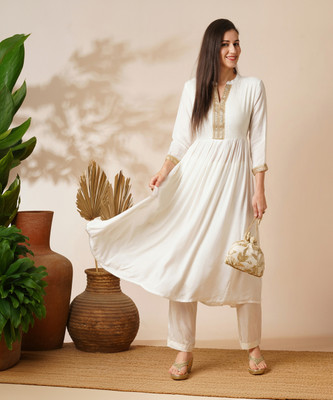 Globus Women Embroidered A-line Kurta(White)