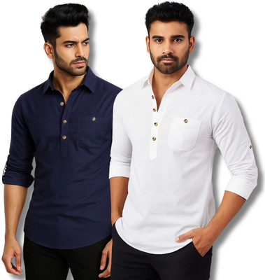 CROWNTAIL Men Solid Straight Kurta(Dark Blue, White)