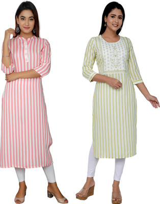 Kundan Women Printed Straight Kurta(Green, Pink)