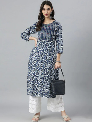 Lamba Creations Women Floral Print A-line Kurta(Blue)
