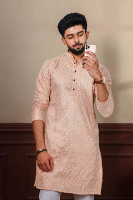 Koshin Men Printed Straight Kurta(Pink)