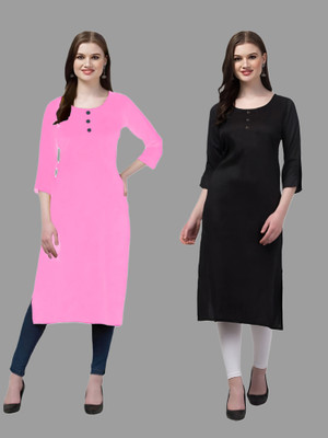 Coft Women Solid Straight Kurta(Pink, Black)