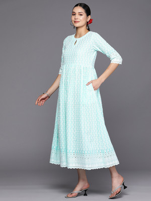 LIBAS Women Embroidered Flared Kurta(Light Blue, White)