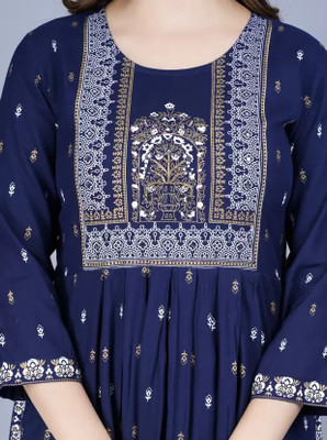 Divastri Women Printed Flared Kurta(Blue)