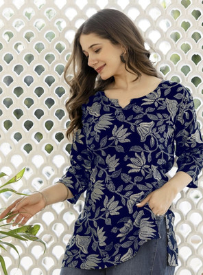 ENAREZI Women Floral Print Straight Kurta(Blue)