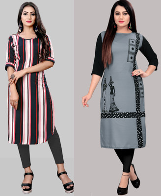 maruti fab Women Printed, Striped Straight Kurta(Pink)
