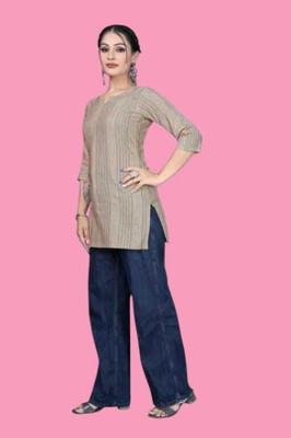 Texpa Creationku Women Striped Straight Kurta(Beige)