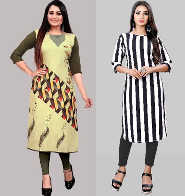 maruti fab Women Striped, Printed A-line Kurta(Grey, White)