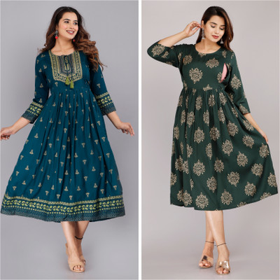 Vorcia Febtex Women Printed Flared Kurta(Green)
