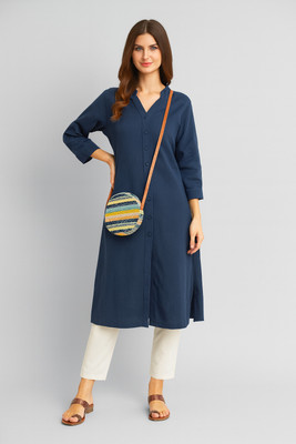 RudraRobes Women Solid Frontslit Kurta(Dark Blue)