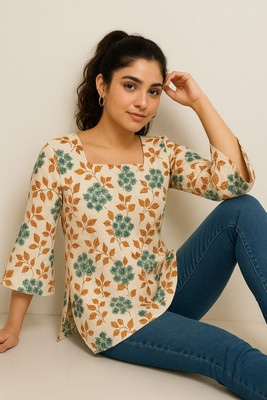 ssf Women Floral Print Cape Top Kurta(Green)
