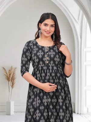 HOUSE OFF COMMON Women Printed Anarkali Kurta(Black)