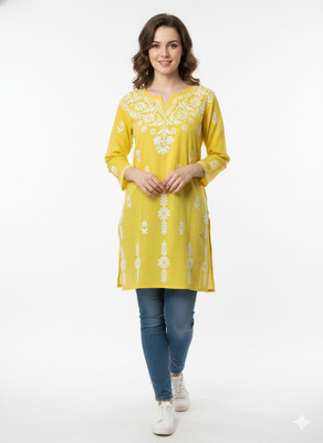nafa creatin Women Chikan Embroidery Ethnic Dress Kurta(Yellow)