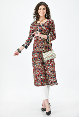 AnjuShree Choice Women Printed Straight Kurta(Brown)