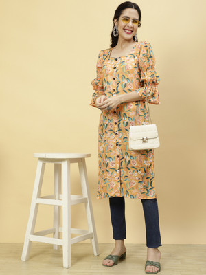 Jaipur Kurti Women Floral Print Straight Kurta(Yellow)