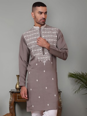 Jompers Men Embroidered Straight Kurta(Grey)