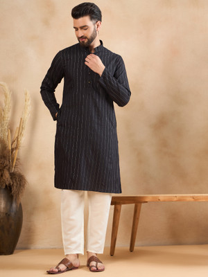 HERE&NOW Men Striped Straight Kurta(Black)