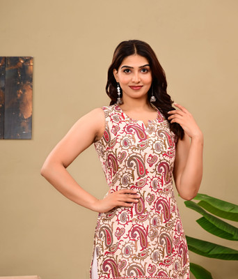 Hn Export Women Printed Straight Kurta(Beige)