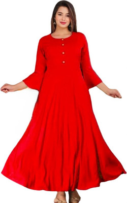 R k Textile Women Solid Anarkali Kurta(Red)