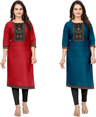 MAHADEVSQUARE Women Embroidered A-line Kurta(Orange, Blue)