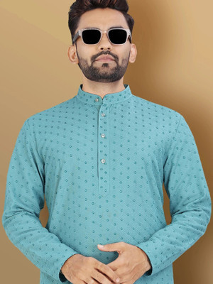 VeBNoR Men Self Design Straight Kurta(Light Blue)
