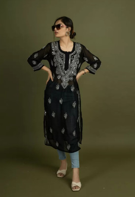 CHIKANKARI BY KK Women Chikan Embroidery Straight Kurta(Black)